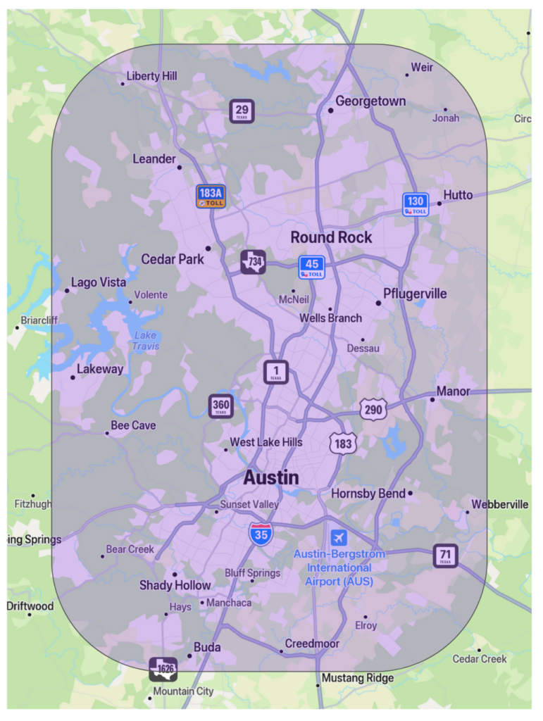 Map image showing Good Morning Tree Service's emergency service area in Austin and central Texas