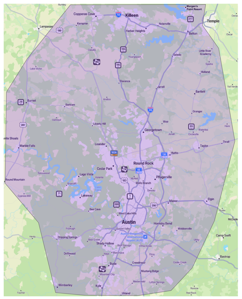 Map image showing Good Morning Tree Service's central Texas service area
