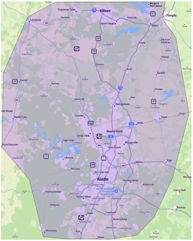 Map showing A Good Morning Tree Service's central Texas service area.