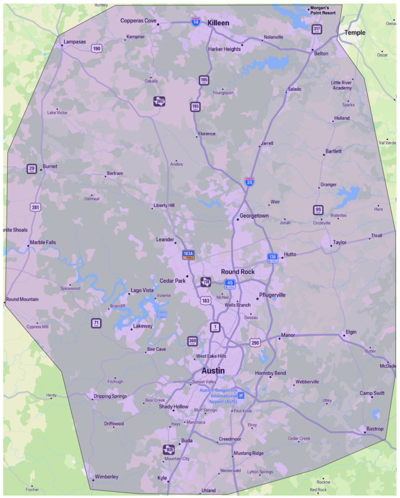 Image of a map showing A Good Morning Tree Service's central Texas service area