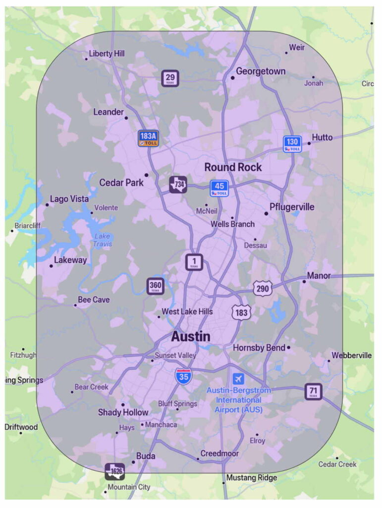 Map image showing A Good Morning Tree Service's emergency service area in Austin and central Texas