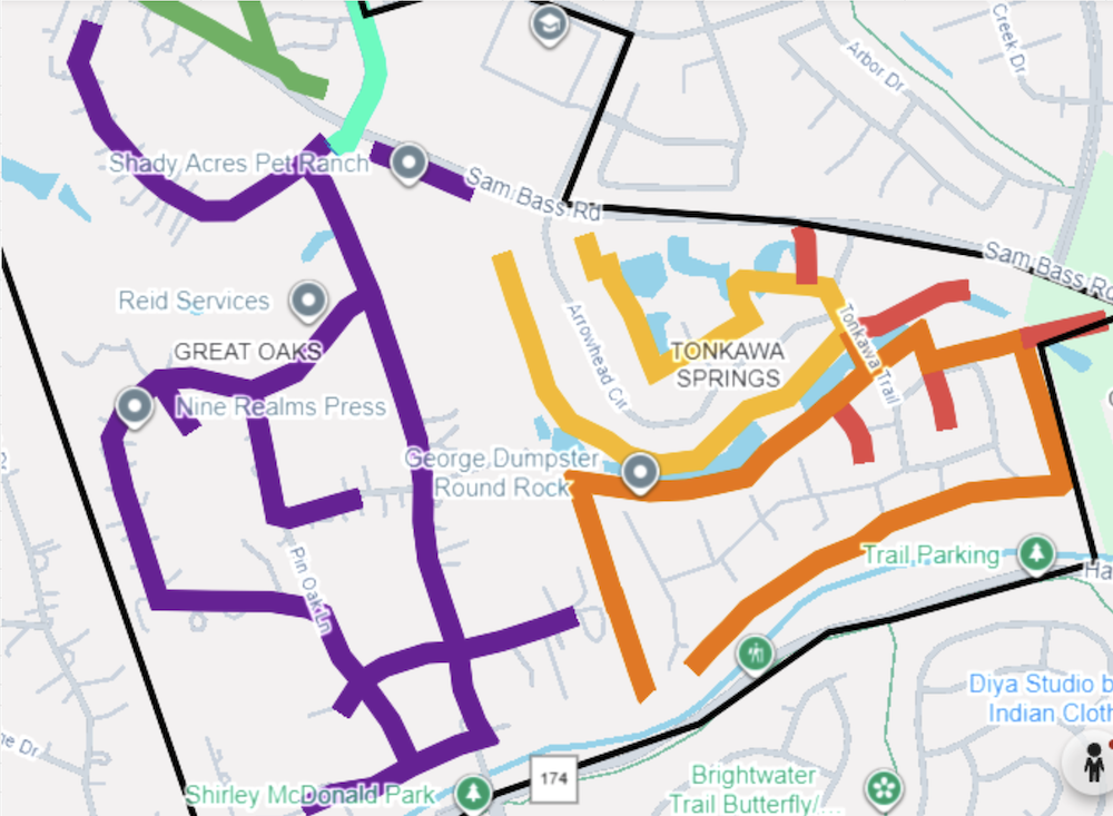 Map of Round Rock, TX streets, showing which streets' fiber optic lines will be cleared - have their tree limbs trimmed - on which days by A Good Morning Tree Service.