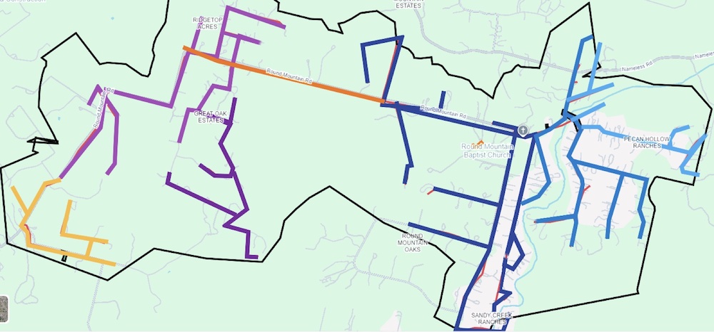 Map of Round Mountain and Sandy Creek in Leander, TX, showing which streets' fiber optic lines will have their tree limbs trimmed in Feb 2026 by A Good Morning Tree Service.