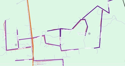 Map of Round Mountain and Sandy Creek in Leander, TX, showing which streets' fiber optic lines will have their tree limbs trimmed in Feb 2026 by A Good Morning Tree Service.