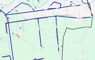 Map of Round Mountain and Sandy Creek in Leander, TX, showing which streets' fiber optic lines will have their tree limbs trimmed in Feb 2026 by A Good Morning Tree Service.