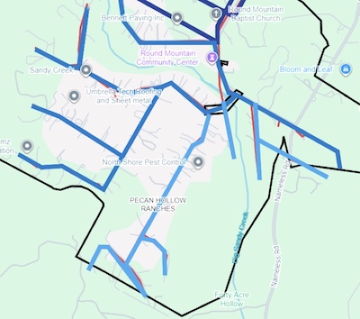 Map of Round Mountain and Sandy Creek in Leander, TX, showing which streets' fiber optic lines will have their tree limbs trimmed in Feb 2026 by A Good Morning Tree Service.